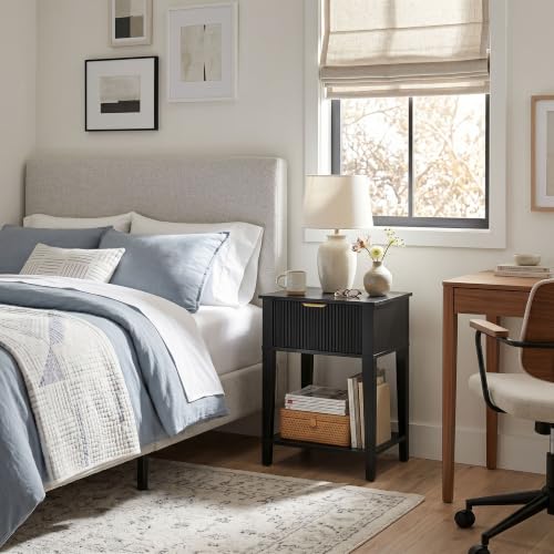FuniXpress Black 15" Wide Small Nightstand with Drawer, Shelf, Fluted Front | Black wood-grain finish, fluted drawer with gold handle accent, 11.8-inch slim depth, compact storage for small spaces - color: Black