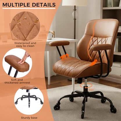 BEWISHOME Brown Leather Office Chair with Quiet Rubber Wheels | 380 lb Capacity, 22" Wide Seat, Removable Armrests, Lumbar Support ,Ergonomic Design for Home Office. Mid Century Modern