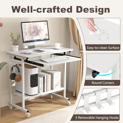 Tangkula Rolling Computer Desk Cart with Keyboard Tray, Mobile Portable Laptop PC Desk with CPU Stand & 3 Hooks for Sofa & Bed, Compact Small Desk on Wheels for Small Spaces (White) - color: White