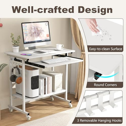 Tangkula Rolling Computer Desk Cart with Keyboard Tray, Mobile Portable Laptop PC Desk with CPU Stand & 3 Hooks for Sofa & Bed, Compact Small Desk on Wheels for Small Spaces (White) - color: White