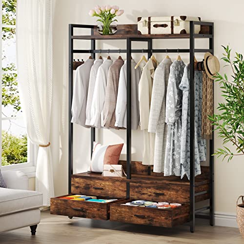 Tribesigns Freestanding Closet Organizer, Garment Rack with 4 Drawers | Heavy Duty Clothing Rack, Open Wardrobe Closet for Bedroom, 8 Hooks and Storage Shelves, Wood and Metal, Rustic Brown - color: Rustic Brown