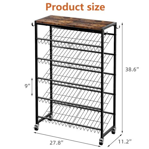 6 Tier Rotating Vertical Shoe Rack Tower, Wooden Shoe Storage Organizer with Hooks, Sturdy Metal Narrow Shoe Shelf for 18-24 Pairs, Vertical Shoe Organizer for Closet Entryway, Rustic Brown - size: 6-tier(27.8 × 11.2 × 38.6)