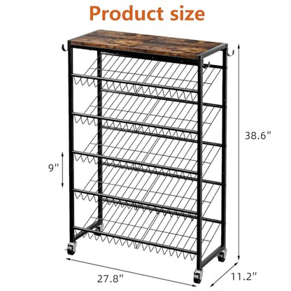 6 Tier Rotating Vertical Shoe Rack Tower, Wooden Shoe Storage Organizer with Hooks, Sturdy Metal Narrow Shoe Shelf for 18-24 Pairs, Vertical Shoe Organizer for Closet Entryway, Rustic Brown - size: 6-tier(27.8 × 11.2 × 38.6)