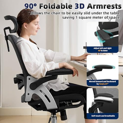 Fizzin Office Chair Mesh Desk Chair with 3D Armrests Computer Chair | Ergonomic Office Chair with Adjustable Lumbar Support and Headrest 125° Tilt and Wide Mesh Cushion High Back Home Desk Chair - color: Black