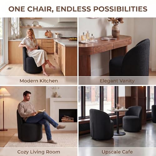 HNY Upholstered Kitchen & Dining Room Barrel Chair, Mid Century Modern Round Sherpa Boucle Dining Chair, 360 Degree Swivel Comfy Armless Accent Makeup Vanity Side Chair for Bedroom Living Room, Black - color: Black