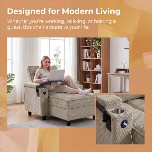 Convertible Sleeper Chair, Pull Out Sofa Bed with Adjustable Backrest & Hidden Storage Armrest, Single Sofa Recliner with USB Charging Port & Cup Holders for Living Room, Bedroom, Khaki - color: C-khaki-i3