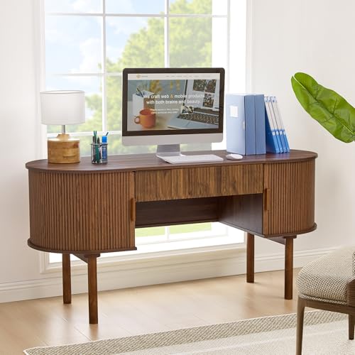 Executive Office Desk with Storage, 63 Inch Large Computer Workstation Desk with Drawer and File Cabinets, Mid Century Modern Fluted Wood Writing Desk for Home Office, Study Room, Living Room, Walnut - color: Walnut