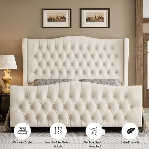 Full Size 54.3" Tall Bed Frame with Wingback Headboard & Footboard | Velvet Upholstered Platform Bed with Deep Button Tufted & Handmade Pleats, No Box Spring Needed, Easy Assembly, Beige/Cream - size: Full