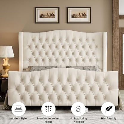 Queen Size 54.3" Tall Bed Frame with Wingback Headboard & Footboard | Velvet Upholstered Platform Bed with Deep Button Tufted & Handmade Pleats, No Box Spring Needed, Easy Assembly, Beige/Cream - size: Queen