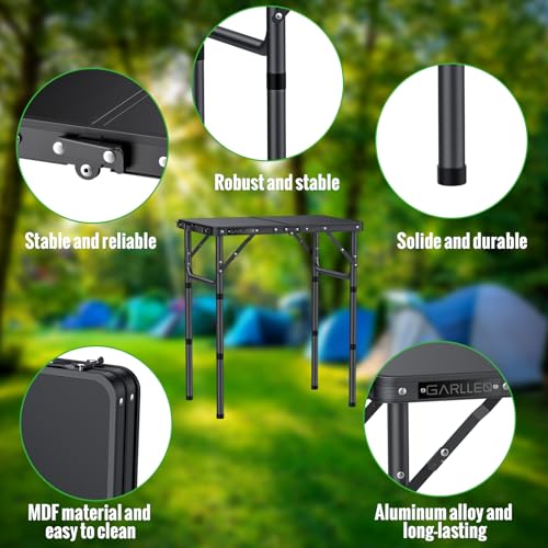 GARLLEN 2ft Folding Camping Table Max Capacity 66lbs, 3 Adjustable Height Folding Grill Table with MDF Tabletop, Lightweight Folding Tables for BBQ, Travel, Picnic, 22.8" L x 15.7" W - color: Black, size: Tabletop Size: 22.8"L x 15.7"W