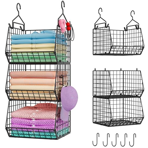 X-cosrack 3-Tier Hanging Closet Organizer, Laundry Room Organization | Space Saving Shelves with 1.65" Hook & 5 S-Hooks | Hanging Wire Baskets (12.4" W x 8.8" H x 10.24-11.8" D) - color: Black, size: 3-Tier