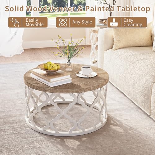 karlott Farmhouse Coffee Table, French Country Round Coffee Table, Beige | Solid Wood Veneer Tabletop, Curved Motif Frame Base, Coastal Boho Center Table, Small Rustic Coffee Tables for Living Room - size: Coffee Table 30 Inches