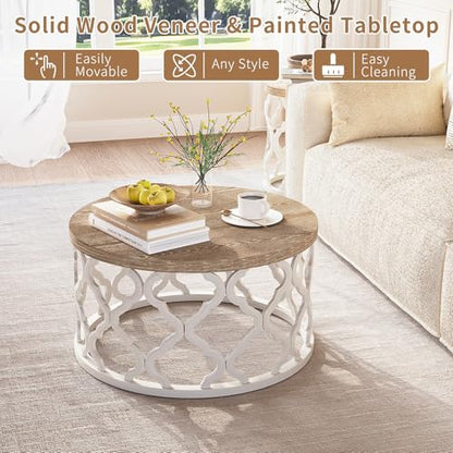karlott Farmhouse Coffee Table, French Country Round Coffee Table, Beige | Solid Wood Veneer Tabletop, Curved Motif Frame Base, Coastal Boho Center Table, Small Rustic Coffee Tables for Living Room - size: Coffee Table 30 Inches