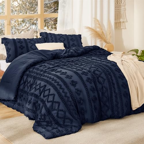 Bedsure Tufted Boho Comforter Set Twin Size - Navy Boho Bed Set, GentleSoft™ 2 Pieces Farmhouse-Style Embroidery Bedding, Gifts for Woman, Soft Jacquard Kids' Twin Comforter for All Seasons - color: 22 - Navy - Elegant, size: Twin/Twin XL