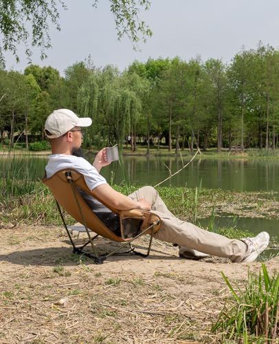 Low Ultralight Compact Folding Chair (Khaki) | with Side Pocket and Carry Bag, for Camping Backpacking Hiking - color: Khaki