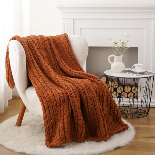 Fall Chunky Knit Throw Blanket , Rust Chenille Throw Blanket 50x60in | Handmade Cable Knit Crochet Blanket, Fall Decorations, Orange Knitted Throw Blankets for Couch Bed Sofa Home Decor - color: Caramel