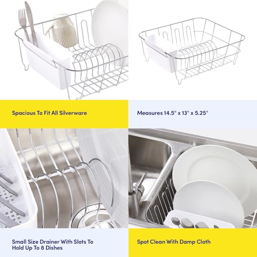 Sweet Home Collection Metal 2 Piece Dish Drying Rack Set Drainer with Utensil Holder Simple Easy to Use Fits in Most Sinks, 14.5" x 13" x 5.25", White - color: White