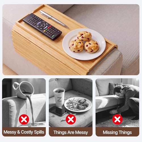Bamboo Sofa Armrest Tray, Foldable Couch Arm Tray Side Table, 2 in 1 Anti-Falling Armrest Tables Cup Holder for Snacks, Drinks, Beers, Phone, Control, Flexible and Portable, Anti-Slip - color: Bamboo