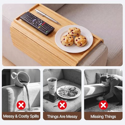 Bamboo Sofa Armrest Tray, Foldable Couch Arm Tray Side Table, 2 in 1 Anti-Falling Armrest Tables Cup Holder for Snacks, Drinks, Beers, Phone, Control, Flexible and Portable, Anti-Slip - color: Bamboo