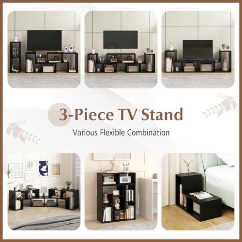 GIANTEX Free-Combination TV Stand for Bedroom - Entertainment Center for 50 55 60 65 Inch TV, 3-Piece Media Console Table with Storage Cubes, Deformable Open Storage Bookcase Shelf (Black) - color: Black