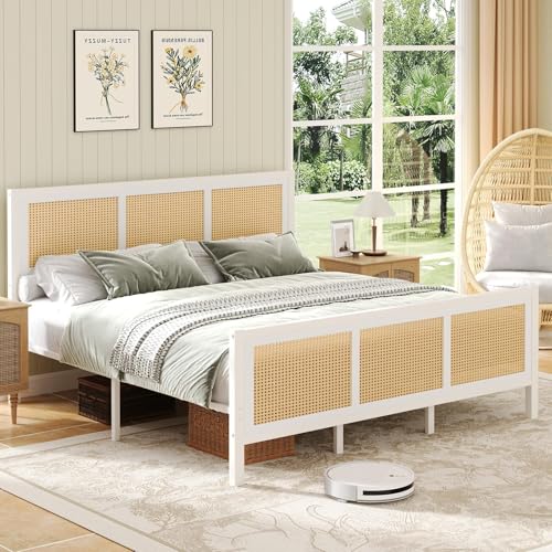 IMMERSTABLE Rattan King Bed Frame with Headboard and Footboard, Boho Metal Platform Bed Frame King Size with 13.8 in Under Bed Storage, Heavy Duty Metal Slat Support, No Box Spring Needed, White - color: White, size: King