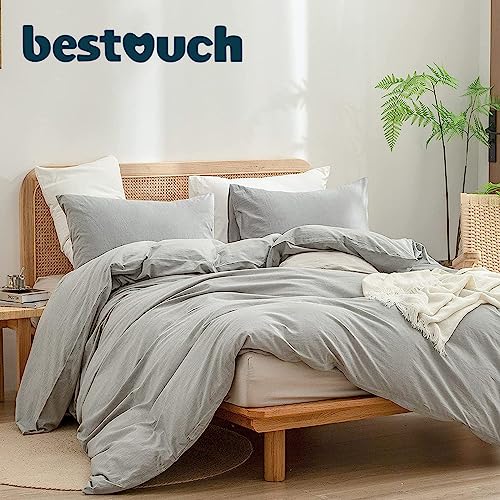 BESTOUCH Cotton Solid Duvet Cover Set Linen Feel Light Grey King | 100% Washed Cotton, Soft Wrinkle Texture, Hidden Zipper, 8 Ties, Breathable Lightweight Durable Comfy, 3 Pcs No Insert - color: Light Grey (No Comforter), size: King (104" X 90")