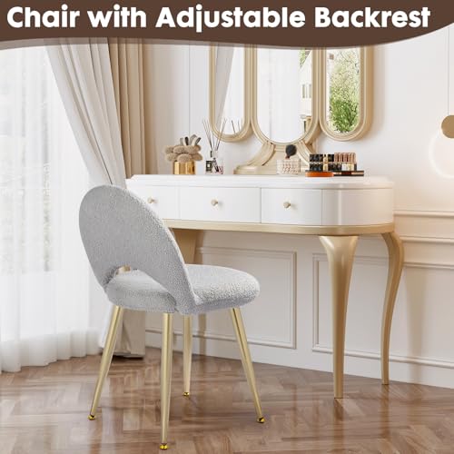 Vanity Chair with Back, Boucle Upholstery Armless Makeup Stool | Gray Vanity Stool with Gold Metal Legs for Bedroom Living Room Kitchen Dinning Room (Gold and Light Gray) - color: Gold and Light Gray