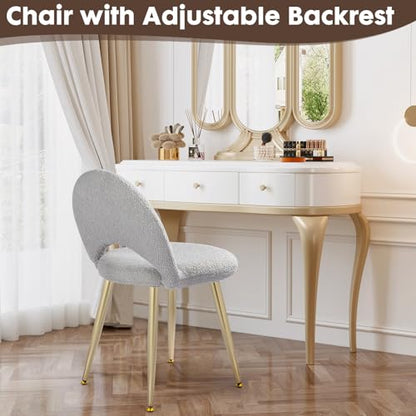 Vanity Chair with Back, Boucle Upholstery Armless Makeup Stool | Gray Vanity Stool with Gold Metal Legs for Bedroom Living Room Kitchen Dinning Room (Gold and Light Gray) - color: Gold and Light Gray
