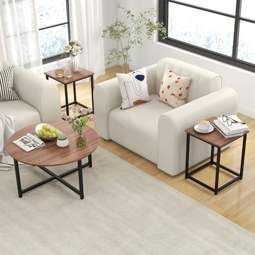 COSTWAY Coffee Table Set of 3, Round Wood Grain Coffee Table and 2 Square End Side Tables with Metal Frame, Modern 3-Piece Living Room Tables Set for Small Space, Apartment (Walnut & Black) - color: Walnut & Black