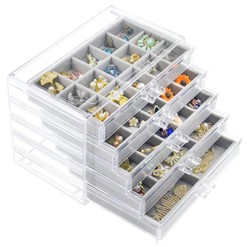 Acrylic Jewelry Box with 5 Drawers, Clear Earring Storage Organizer Display Case for Women Girls, Gray