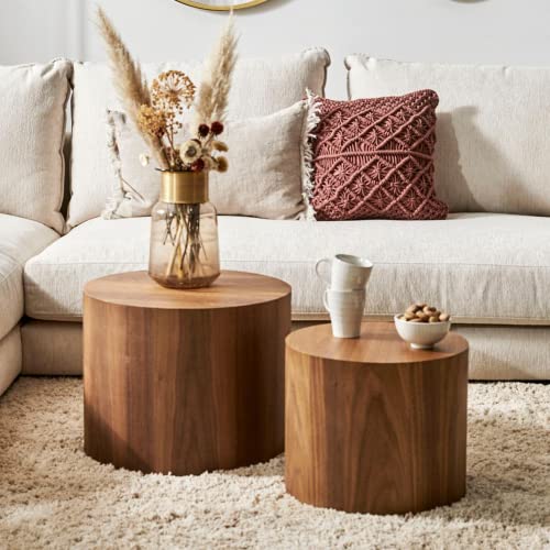 Nesting Coffee Table Set of 2, Walnut Round Wooden Coffee Tables Modern Circle Table for Small Space Living Room Bedroom Accent End Side Table (Walnut-Round) - color: 18.9" Walnut
