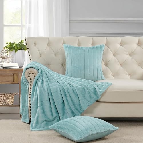 HESTIN Striped Faux Fur Throw Blanket Pillow Covers Set 50"x60" Aqua | Two 18"x18" Decorative Cushion Cases, Luxury Fluffy Plush Warm Cozy 3-Piece Set for Couch Bed Sofa, Living Room Bedroom Decor - color: Light Blue, size: 50" x 60"
