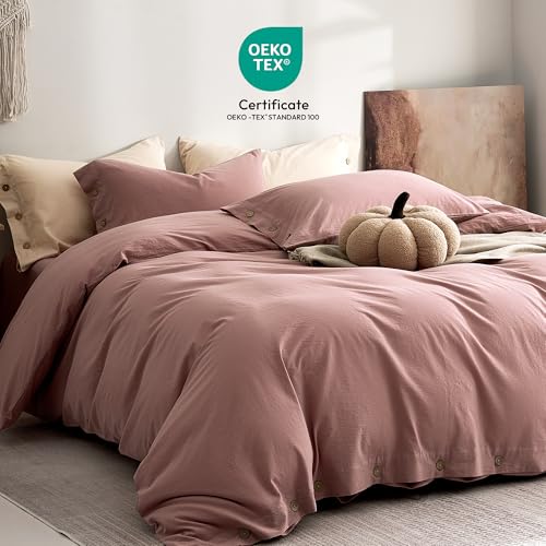 JELLYMONI 100% Washed Cotton Darker Rose Duvet Cover Full, Linen-Like | OEKO-TEX Certified, Soft, Breathable Percale Bedding with Natural Wrinkle Texture, Button Closure, 3-Piece Set, 80"x90" - color: 01- Darker Rose, size: Full(80"×90")