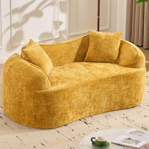 67" Curved Loveseat Sofa with 2 Pillows, Modern Boneless Couch in a Box, Small Cloud Loveseat for Bedroom Small Space Apartment Living Room, Memory Foam, Chenille, No Assembly (Yellow) - color: Yellow