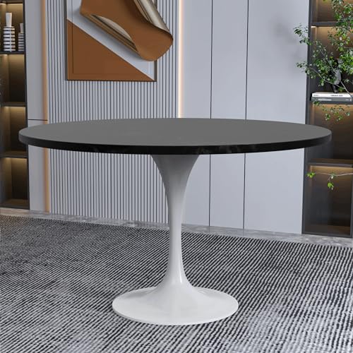 LeisureMod Verve Mid-Century Modern Dining Table with a 48" Round MDF Tabletop and White Steel Pedestal Base for Kitchen and Dining Room (Black) - color: Black Wood, size: 48 inch Wide