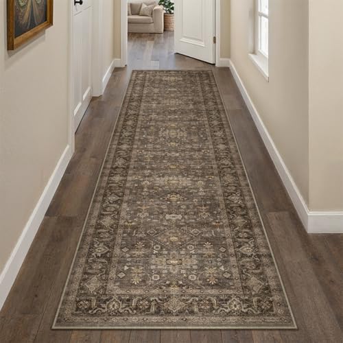 2x10 Dark Brown Vintage Runner Rug | Washable, Non Slip, Soft Low Pile, Traditional Farmhouse, for Hallway Kitchen Laundry Bathroom Bedroom - color: Brown, size: 2' x 10' (Runner)