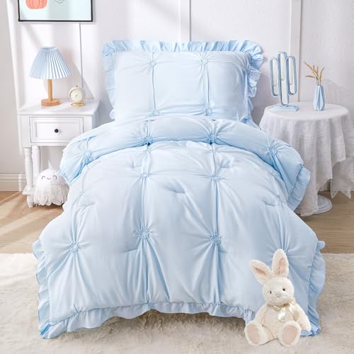 Princess Toddler Bedding Set for Girls, 4 Piece Ruffles Jacquard Embroidery Toddler Bed Sheets with Boho Toddler Comforter, Fitted Sheet, Flat Sheet and Pillowcase, Blue - color: Blue, size: Toddler