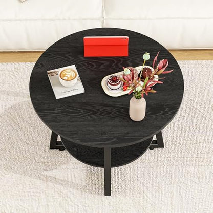 Round Coffee Table with Storage,Metal Small Coffee Table,Black | 2-Tier Circle Small Coffee Table for Living Room, Metal Frame/Wood Look,Modern Sofa Table Center for Home Office - color: Black