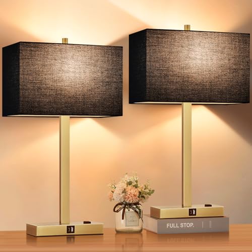 Lynnoland 21" Set of 2 Bedside lamp with USB A+C & AC Outlets, Touch Control 3-Way Dimmable Nightstand Lamps for Bedroom Living Room Office Reading, Black Shade Touch Lamps, 3000K LED Bulbs Included - color: (2 Pack)Black Line & Gold (Base)-2700K Bulbs In