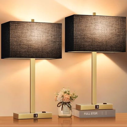 Lynnoland 21" Set of 2 Bedside lamp with USB A+C & AC Outlets, Touch Control 3-Way Dimmable Nightstand Lamps for Bedroom Living Room Office Reading, Black Shade Touch Lamps, 3000K LED Bulbs Included - color: (2 Pack)Black Line & Gold (Base)-2700K Bulbs In