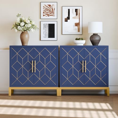 HLR Accent Cabinet with Gold Trim Set of 2,Storage Cabinet with 2 Doors,Modern Wooden Sideboard for Living Room, Kitchen, Office and Hallway(Blue) - color: Blue, size: 2 piece