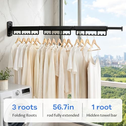Foldable Wall Mounted Laundry Drying Rack, 3 Fold Retractable Clothes Drying Rack, Durable Clothing Hanger Rack for Laundry Room, Balcony, Bathroom (Black) - color: Black