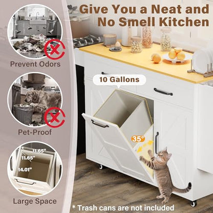 YESHOMY Kitchen Island on Wheels with Trash Cabinet, 56" Mobile Cart with Drop Leaf and Drawers, Rolling Portable Table with Spice Rack & Towel Holder for Dining Room, White & Brown - color: White & Brown