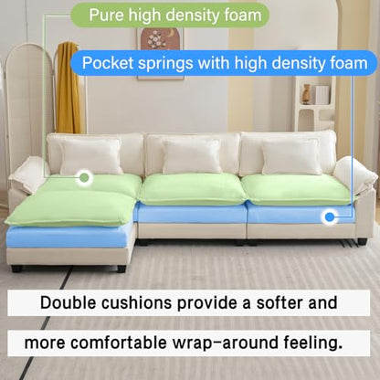 120" Modular Sectional Sofa, Comfy Deep Cloud Couch with Ottoman | L-Shaped Couches for Living Room, Modular Couch, Deep and Wide Seat, Chenille Sofa Sleeper with Throw Pillows, Beige White - color: Beige White, size: 120 Inch L