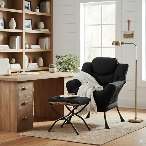 Lazy Chair with Ottoman, Comfy Accent Reading Chair, Black | Foldable Footrest,Removable Cover,with Armrests and Side Pockets,Upholstered Lounge Chair for Bedroom,Dorm,Office,Small Space - color: Black