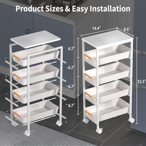 5 Tier Slim Rolling Utility Cart with Drawers Pull-Out Design Slim Storage Cart with Metal Frame and Wooden Top for Narrow Space in Home Kitchen Bathroom White (Width 9.5 Inches) - color: White, size: Width 9.5 Inches