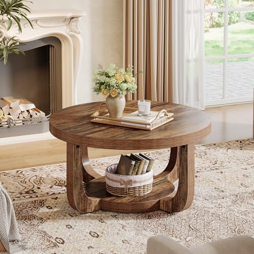 Tribesigns Round Coffee Table, 2-Tier Circle Coffee Table with Storage, Modern Wooden Accent Center Table for Living Room, Thick Tabletop & Base, Dark Brown - color: Brown