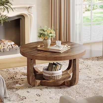 Tribesigns Round Coffee Table, 2-Tier Circle Coffee Table with Storage, Modern Wooden Accent Center Table for Living Room, Thick Tabletop & Base, Dark Brown - color: Brown