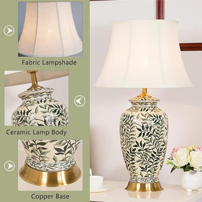 27.95 Modern Table Lamps, Ceramic Table Lamp with Painted Leaves, White Bedside Table Lamp, Table Lamp for Bedroom, Living Room, Study Room