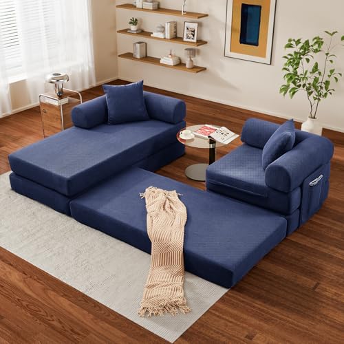 107" Modular Sectional Sofa Bed, L-Shape Corduroy Boneless Couch, Blue | Sleeper Futon Sofa Bed, Boneless Couches for Living Room, Modular Couch with Storage, Pull Out Couch, No Assembly Required - color: Blue